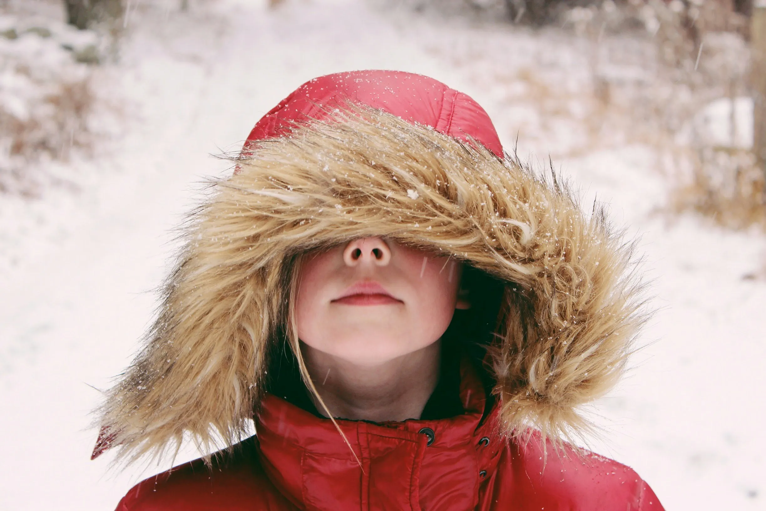 Photo of child in red coat in snow with face half obscured by hood by Jon Tyson on Unsplash